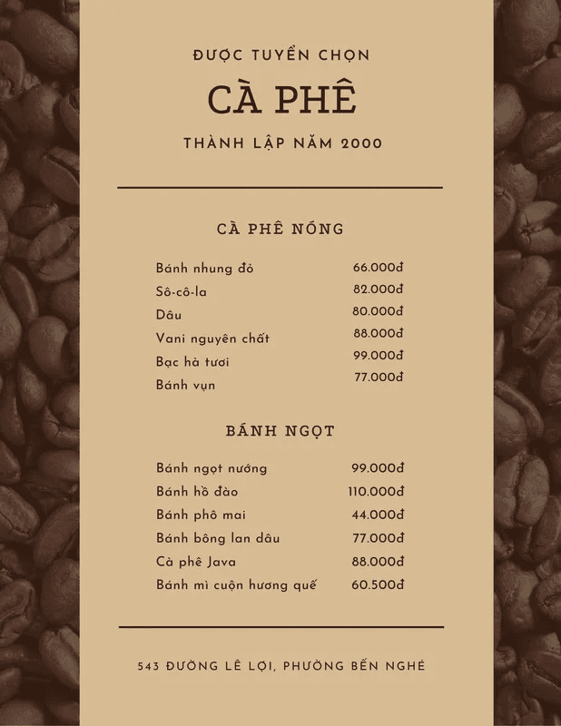 Mẫu menu quán cafe phong cách cổ điển 