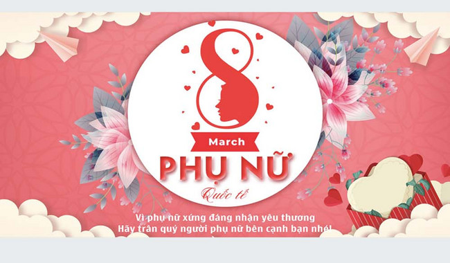 Băng rôn Quốc tế Phụ nữ 83 cùng họa tiết hoa