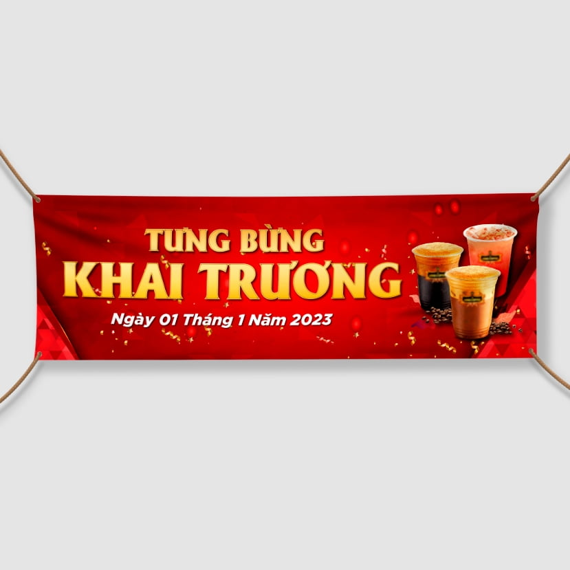 Băng rôn tưng bừng khai trương quán cafe